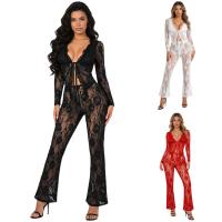 ราคา YOYOJIA Womens See Through Floral Lace Cover-up Outfit V คอด้านหน้า Tying แขนยาว Ruffled Trim คาร์ดิแกนและกางเกงบานสําหรับปาร์ตี้ชุดราตรี (44079370992)