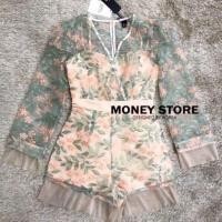 ราคา จั๊มสูทขาสั้น แขนยาว จั๊มสูทซีทรู ลายดอก แขนระบาย สีเขียว (2564918884)