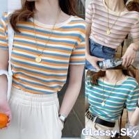 ราคา Glassy Skyพร้อมส่ง เสื้อคอกลมแขนสั้น ดีเทลลายทางสีสันสดใส ใส่สบาย สไตล์เกาหลี (FYB16) (29030912554)