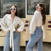 ราคา Summer crop shirts เสื้อเชิ้ตแขนยาว ผูกโบว์หน้าหรือหลังก็ได้ พลัสไชต์ สาวอวบ คนอ้วน (25122795709)
