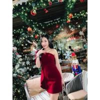 ราคา เดรสสั้นออกงานไหล่เฉียงผ้ากำมะหยี่สีแดงเลือดหมูงานป้าย Bellita❤️ป้ายห้อย❤️ (52654791073)