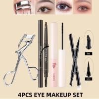 ราคา [เซตตา4ชิ้น] ดินสอเขียนคิ้วสีน้ำตาลเข้ม อายไลเนอร์ ที่ดัดขนตา มาสคาร่าสีดำ (24722458217)