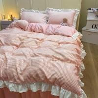 ราคา สไตล์เกาหลีลายสก๊อตลูกไม้เจ้าหญิงสไตล์สี่ชิ้นผ้าปูที่นอนสีฟ้ากระโปรงเตียงหอพักนักเรียนชุดสามชิ้น (27305021660)