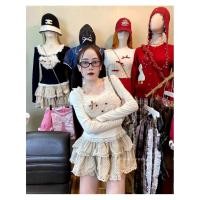 ราคา มือ1 งานป้าย nicha เซตเสื้อไหมพรมหมา กระโปรงระบายชั้น (45304867744)