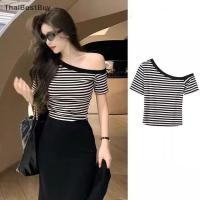 ราคา Thaibestbuy เสื้อยืดแขนสั้นเปิดไหล่เปิดไหล่ลายทางแนวย้อนยุคสำหรับฤดูร้อนใหม่ (41178949614)