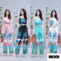 ราคา เสื้อครอปสายเดี่ยวลายต้นมะพร้าว เอวจั้มตัดต่อมีสม๊อคที่เอว + กางเกงขายาวผูกโบว์เอว ชุดเซ็ท ชุดเซต (26168435805)