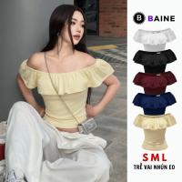 ราคา Off-the-Shoulder Shrug-Waist Long T-Shirt BM252, BAINE Off-Shoulder Borip Silk เสื้อยืดผู้หญิง (47452153097)