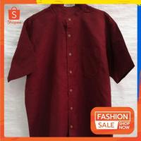 ราคา เสื้อเชิ้ตคอจีนแขนสั้น สีแดงเลือดหมู ผ้าอ๊อกซฟอร์ด (24416796724)