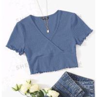 ราคา พร้อมส่ง มือ 1 SHEIN SIZE XL เสื้อครอปแขนสั้นไขว้หน้า ผ้าไหมพรมนิ่มยืด (24875782995)