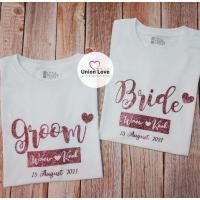 ราคา เสื้อคู่รักถ่ายพรีเวดดิ้ง Groom&Bride สกรีนกลิตเตอร์ สีชมพู [พร้อมส่ง] C202ตัวละ (9885828209)