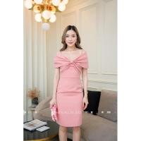 ราคา ราตรีสั้นสีชมพูสายเดี่ยวรวบโบว์2ชั้น อ้อมแขนผ้าบาบี้ XL (14897965580)