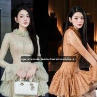 ราคา งานป้าย Rattana เดรสออกงาน เดรสสั้นผ้าลูกไม้ฉลุลายซีทรูช่วงอกแขนยาวปลายระบาย กระโปรงทรงสวย (28384153803)