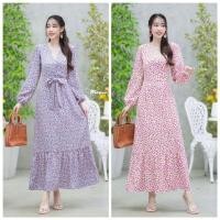 ราคา Maxi Dress ลายดอกเล็กแขนยาวมียางสม๊อคไขว้ด้านหน้า ตัดต่อระบายชาย มีโบว์ผูกเอว มีซิปซ่อนด้านหลัง มีซับใน (17699594707)