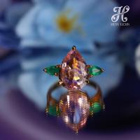 ราคา แหวน Pink Tourmaline PE 5.8ct บ่าข้าง Green Agate PE ชุบYG Pear (45257474458)