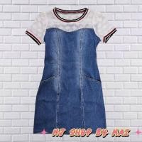ราคา เดรสยีนส์เกาหลีตัดต่อผ้ายืดลูกไม้ (25926238927)