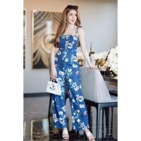 ราคา JS0079 จั๊มสูทขายาว จั๊มสูทออกงาน จั๊มสูทลายดอกสีน้ำเงิน (2150326080)