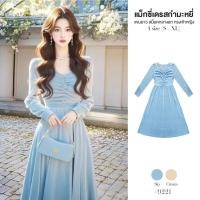 ราคา เดรสออกงาน ชุดแฟนซีผ้ากำมะหยี่ แขนยาวคอวี สม็อคกลางอก กระโปรงทรงเอ เย็บจับจีบตรงเอว ชุดปีใหม่ #9221 (26519978973)