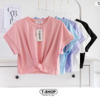 ราคา T2055 เสื้อครอป สีพื้น ไขว้หน้า แขนพับ (23141399837)
