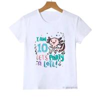 ราคา เสื้อยืดเด็กผู้หญิงลาย Axolotl ฉลองวันเกิดครบรอบ 3-14 ปี ข้อความ "ฉันอายุ 10 ปี มาปาร์ตี้กันเถอะ" สไตล์คาวาอี้ ของขวัญวั (56107690483)
