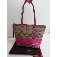 ราคา Coach Signature Stripe Tote Shoulder Bag โทสลายซีสีชมพู ซิปด้านบน สภาพสวย (45153584067)