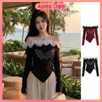 ราคา Aurora Charm เสื้อครอปปาดไหล่แขนยาว ลายผีเสื้อวิ้งๆ แต่งระบายลูกไม้ สไตล์ Y2K เซ็กซี่ขี้เล่น Long Sleeve Top (57152978168)