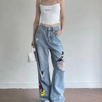 ราคา [New Arrival] TEEINXX Mickey Print Ripped Straight Jeans NZ133 (48259531221)
