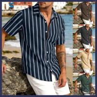 ราคา BESTSHEMen Vacation Style Striped Lapel Shirts Button Loose Short Sleeve Tops Cardigan (51259355526)