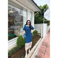 ราคา A1249 เดรสไหมพรมสีฟ้าตัดต่อชายลูกไม้ (41122511949)