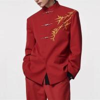 ราคา ใหม่สไตล์จีนผู้ชายสวมใส่สีแดงจงซานเสื้อสูทเสื้อสูทสูงอังกฤษแห่งชาติอินเทรนด์ยืนปกหัวเข็มขัดสูทหมั้นสูท (56750840314)