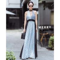 ราคา งานป้าย MERRY เดรสยาวคล้องคอ ลายทาง โชว์หลังเซ็กซี่ ผ้าหนานุ่ม (29162361510)