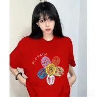 ราคา เสื้อยืดแขนสั้นคอกลมพิมพ์ลายแบบ ยืด ทรงโอเวอร์ไซส์ ลายการ์ตูน แฟชั่นเกาหลี ใส่สบาย ลายดอกไม้เพ้นท์สี (49956925432)