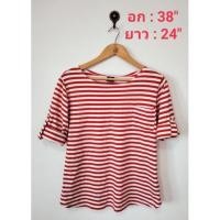 ราคา เสื้อยืดเนื้อละเอียด ลายขวางสีแดงขาว คอกลม แขนยาวแต่สามารถพับได้ (15475715560)