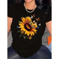 ราคา เสื้อยืดผู้หญิงลายดอกทานตะวันและผีเสื้อสีดำ เสื้อทรงกึ่งทางการ ลายดอกทานตะวันสีเหลืองสดใสและผีเสื้อสีน้ำตาล เสื้อผ้าสไตล (56957893506)