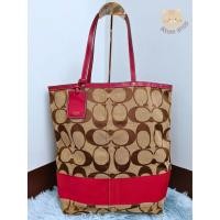 ราคา COACH (โค้ช) แท้ % ผ้าทอสีน้ำตาลขอบหนังสีแดง ทรงช้อปปิ้ง (25650600976)