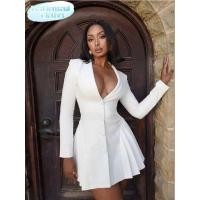 ราคา ▥ Sexy Deep V Single Breasted Pleated Mini Dress Women Elegant Long Sleeves High Waist White Sho (26419969173)