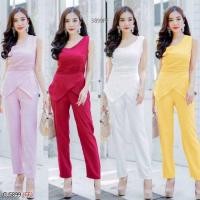 ราคา CL5899 ชุดเซ็ท เสื้อไหล่เฉียงชายซ้อน+กางเกงขายาว สีเหลือง ขาว แดง ชมพู (7846174526)