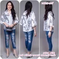 ราคา (อก44) B4184 BLUEBERRY NIGHTS เสื้อเชิ้ต ดีไซน์ใหม่ แขนระบายคลุมข้อศอก ผ้าโพลีเอสเตอร์ผสมชีฟอง (27712180429)