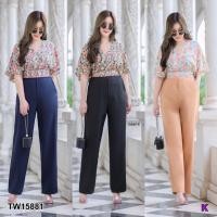 ราคา J15881 Set #สาวอวบ เสื้ออกไขว้ แขนระบาย ลายดอก + กางเกงขายาว Cross-breasted shirt with floral print sleeves + long pants (13872318632)
