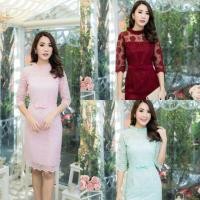 ราคา ชุดเดรสลูกไม้สีแดงเลือดหมู ฟ้ามิ้น ชมพู ไซร์M เดรสออกงานสวยๆ (1758394412)