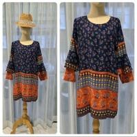 ราคา เดรสชีฟองสีน้ำเงินแถบส้มลายดอก แขนสามส่วน ใส่เป็นเสื้อหรือเดรสก็ได้ ผ้านิ่มใส่สบาย (24844244321)