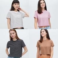 ราคา UNIQLO แท้ เสื้อยืด ครอป ผ้าเจอร์ซี่ Slub ลายทาง / สีพื้นคอกลม แขนสั้น (21451391426)