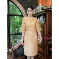 ราคา 4 สี เดรสผ้าไหมต่อลูกไม้ปักเลื่อม เอวโบ เดรสออกงาน หรู เหลืองทอง ชมพู ฟ้า น้ำตาลทอง (27071654069)