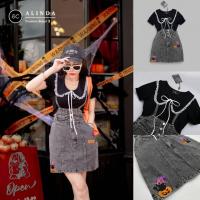 ราคา ᯓ ★ ชุดเซ็ทเอี๊ยม Halloween เสื้อยืดคอบัวสีดำ+เอี๊ยมกระโปรงยีนส์ฟอกสีดำ ปักลายฮาโลวีน (40374821481)