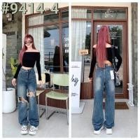 ราคา กางเกงยีนส์ขากระบอก ป้ายวินเทจ แต่งหน้าขาดสองข้าง ผ้าไม่ยืด เอวสูง ใส่สบาย มีSize S.M.L.XL. (27000577280)