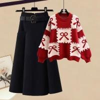 ราคา ใหม่สไตล์ชิวๆลดอายุเสื้อสเวตเตอร์ถักสีแดงผู้หญิงกระโปรงใส่แล้วดูผอมสองชิ้น (24139679179)