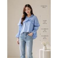 ราคา Used Design By Korea เสื้อแขนยาวลายทางสีฟ้า แขนระบาย ผ้าดีใส่สบายมากจ้า (25788744863)
