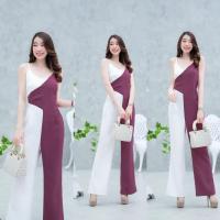 ราคา เสื้อผ้าแฟชั่น ชุดออกงาน จั้มสายเดี่ยว ทูโทน ขายาว สี ขาว - ม่วง พร้อมส่ง ใส่งานเลี้ยง งานแต่ง ได้ (27838760221)