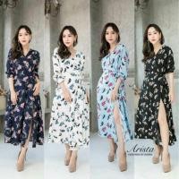 ราคา ชุดเดรสยาวลายดอก คอวี ป้ายผูกเอว กระโปรงทรงบาน (646184592)