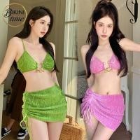 ราคา BikiniTime (S-XL) SB001 บิกินี่เซ็ท3ชิ้น สีชมพู,สีเขียว ผ้ากำมะหยี่ กระโปรงเชือกรูด ชุดว่ายน้ำผู้หญิง ชุดเที่ยวทะเล (22966916584)