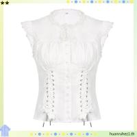 ราคา []-เสื้อยืดผู้หญิง กระดุมหน้า แขนหมวก คอกลม ผูกเชือกไขว้ แต่งขอบลูกไม้ด้านหน้า สีขาว (49859010453)